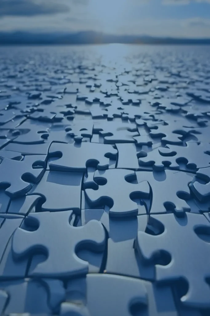 A field of interconnected blue puzzle pieces extending toward the horizon, with sunlight reflecting off the surface and mountains in the background.